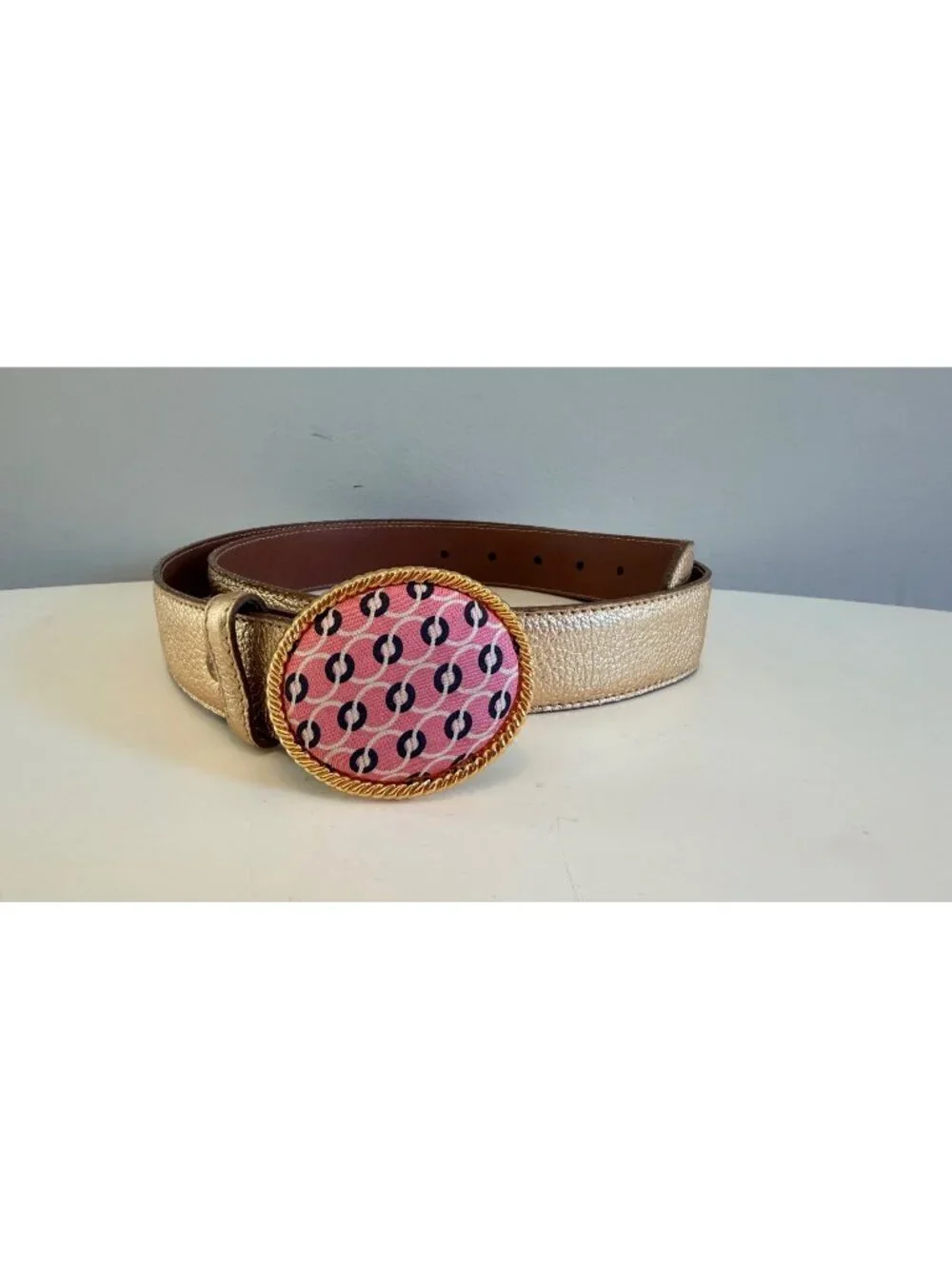 Vineyard Vines Gold Leather Belt With Pink & Navy Fabric Buckle Size L